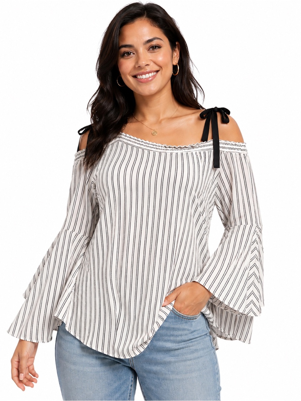 LOFT Black & White Striped Off-Shoulder Tie-Shoulder Blouse